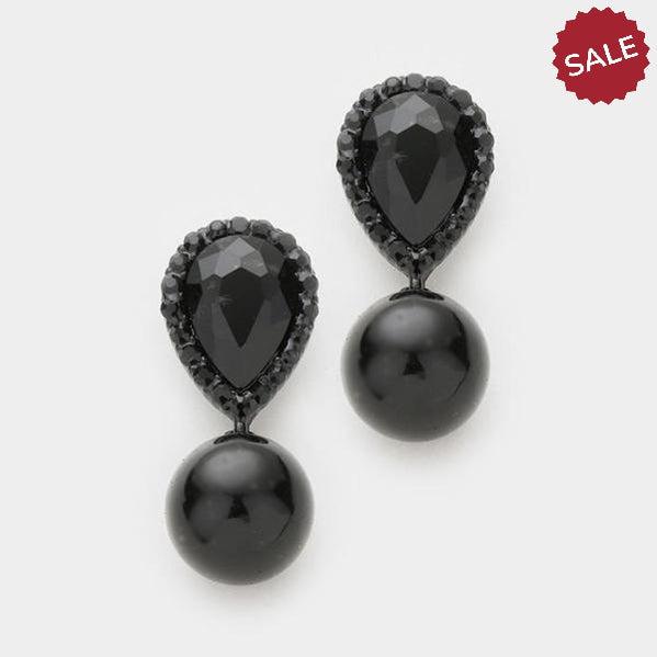 Black Crystal Teardrop & Pearl Evening Dangle Earrings by Miro Crystal Collection