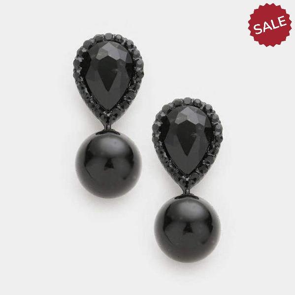 Black Crystal Teardrop & Pearl Evening Dangle Earrings by Miro Crystal Collection