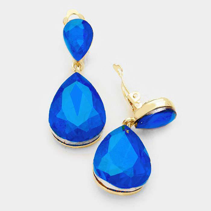 Miro Blue Crystal Teardrop Gold Clip-On Earrings by Miro Crystal Collection