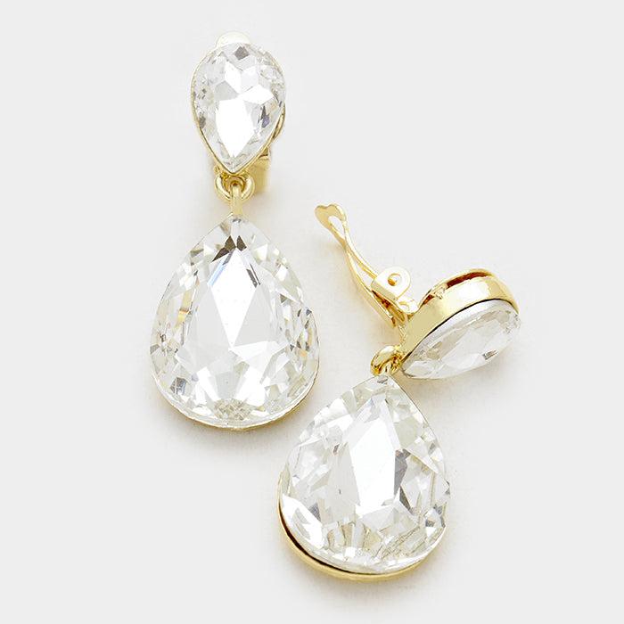 Clear Crystal Double Teardrop Gold Clip-On Earrings by Miro Crystal Collection