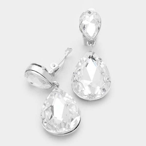 Clear Crystal Double Teardrop Silver Clip-On Earrings by Miro Crystal Collection