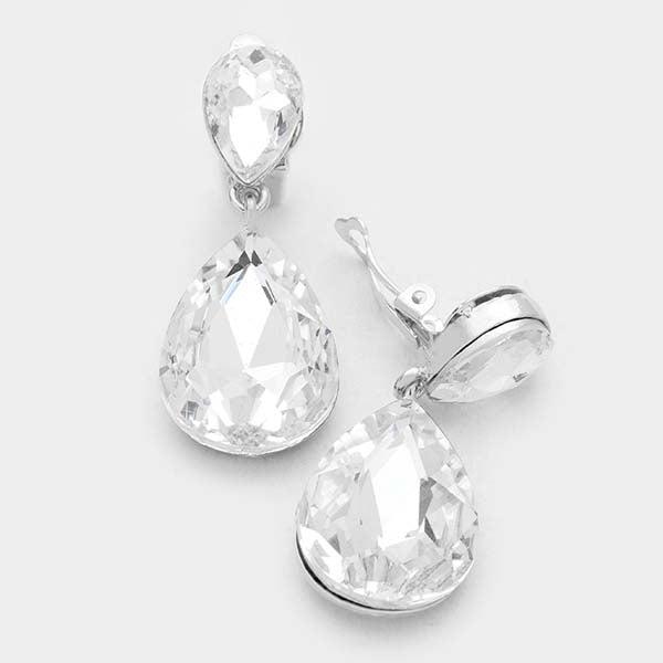Clear Crystal Double Teardrop Silver Clip-On Earrings by Miro Crystal Collection