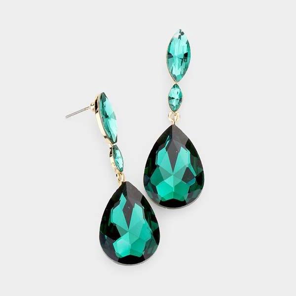 Emerald Green Crystal Teardrop Dangle Pierced Earrings by Miro Crystal Collection