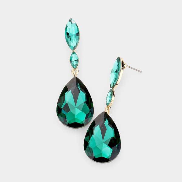 Emerald Green Crystal Teardrop Dangle Pierced Earrings by Miro Crystal Collection