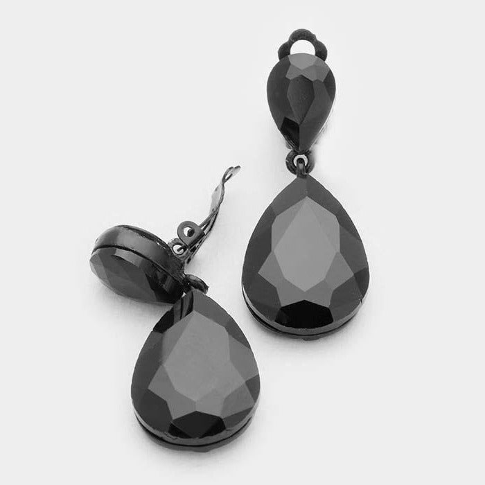 Black Crystal Double Teardrop Clip-On Earrings by Miro Crystal Collection