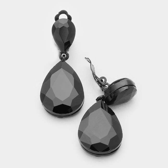 Black Crystal Double Teardrop Clip-On Earrings by Miro Crystal Collection