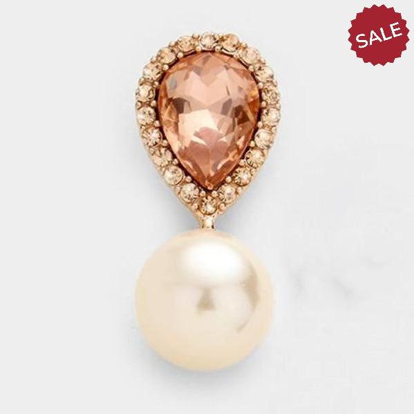 Miro Peach Crystal Teardrop & Pearl Rose Gold Earrings-Earring-SPARKLE ARMAND