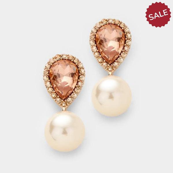 Miro Peach Crystal Teardrop & Pearl Rose Gold Earrings-Earring-SPARKLE ARMAND