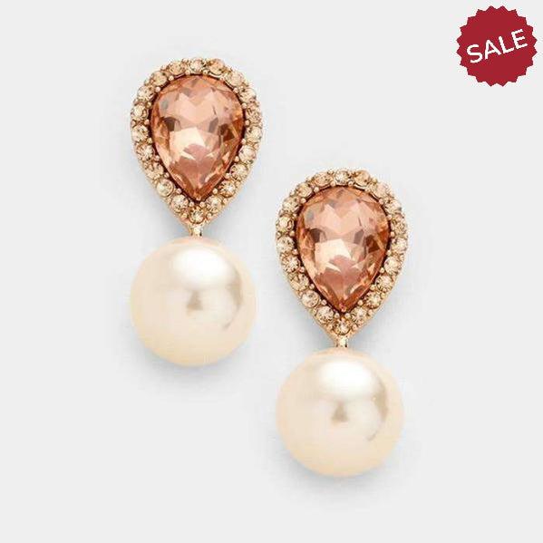 Miro Peach Crystal Teardrop & Pearl Rose Gold Earrings-Earring-SPARKLE ARMAND