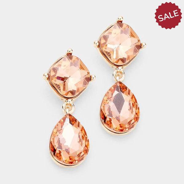 Peach Crystal Teardrop Rose Gold Evening Dangle Earrings by Miro Crystal Collection
