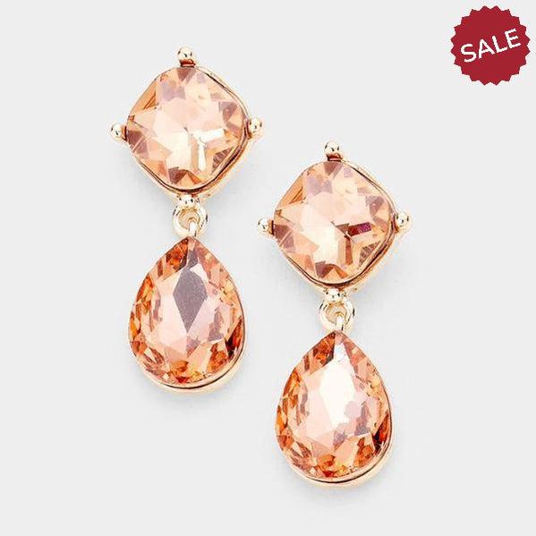 Peach Crystal Teardrop Rose Gold Evening Dangle Earrings by Miro Crystal Collection