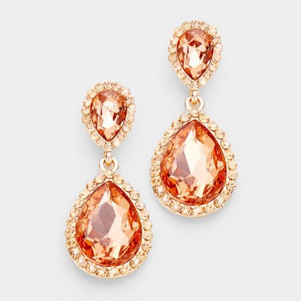 Peach & Rose Gold Crystal Teardrop Evening Bridal Earrings by Miro Crystal Collection