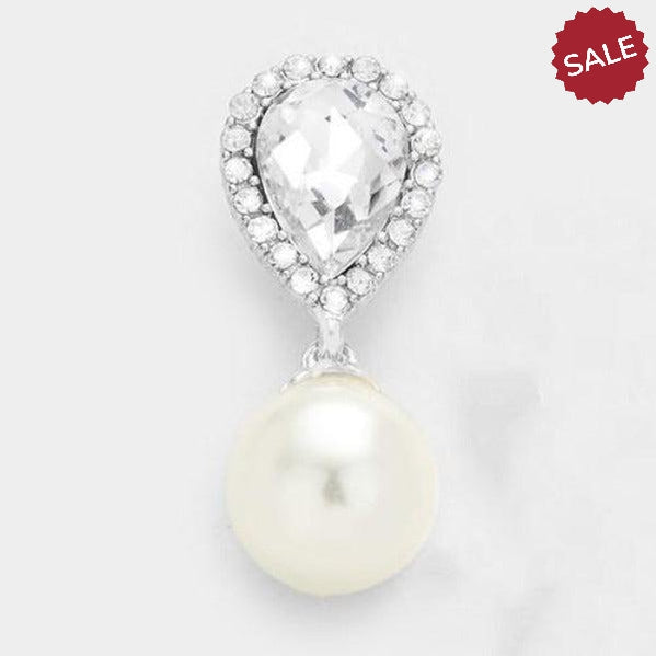 Pearl & Clear Crystal Teardrop Bridal Silver Earrings by Miro Crystal Collection