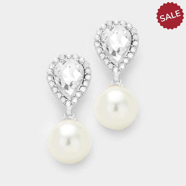 Pearl & Clear Crystal Teardrop Bridal Silver Earrings by Miro Crystal Collection