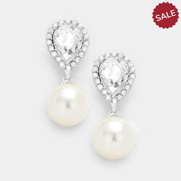 Pearl & Clear Crystal Teardrop Bridal Silver Earrings by Miro Crystal Collection