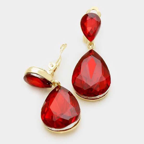 Red Crystal Double Teardrop Gold Clip-On Earrings by Miro Crystal Collection