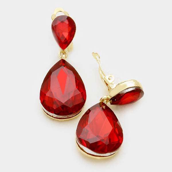 Red Crystal Double Teardrop Gold Clip-On Earrings by Miro Crystal Collection