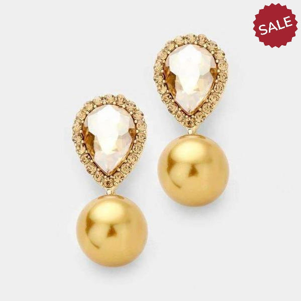 Miro Topaz Colored Crystal Teardrop Gold Pearl Earrings-Earring-SPARKLE ARMAND