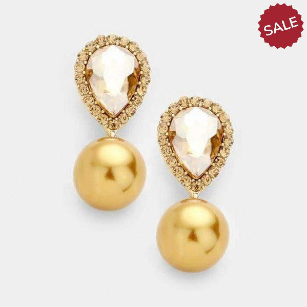Miro Topaz Colored Crystal Teardrop Gold Pearl Earrings-Earring-SPARKLE ARMAND