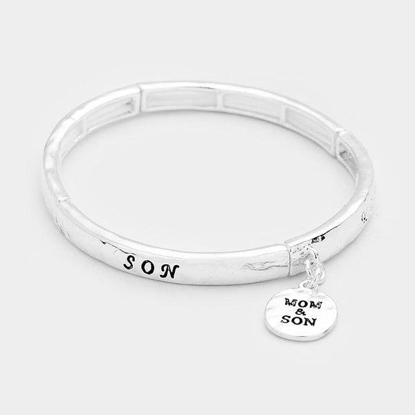 "Mom & Son" Metal Disc Charm Stretch Bracelet