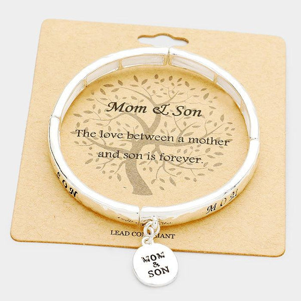 "Mom & Son" Metal Disc Charm Stretch Bracelet