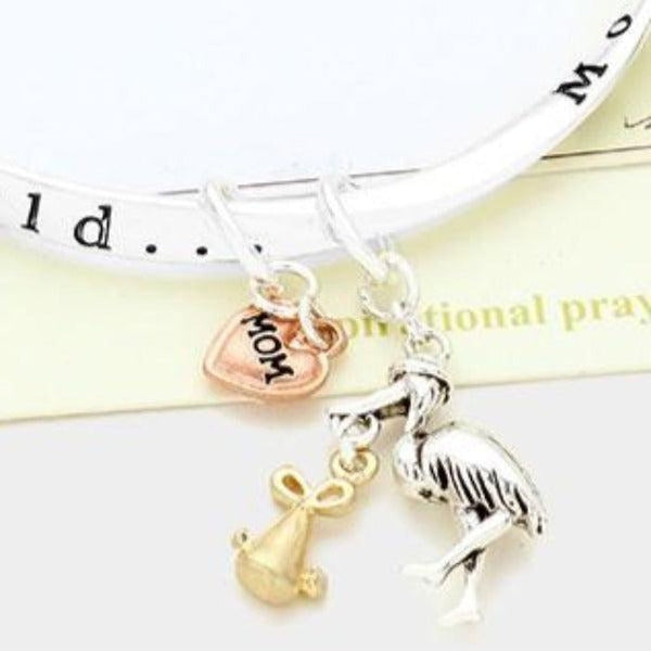 "Mom" Stork Charm Bracelet with Card
