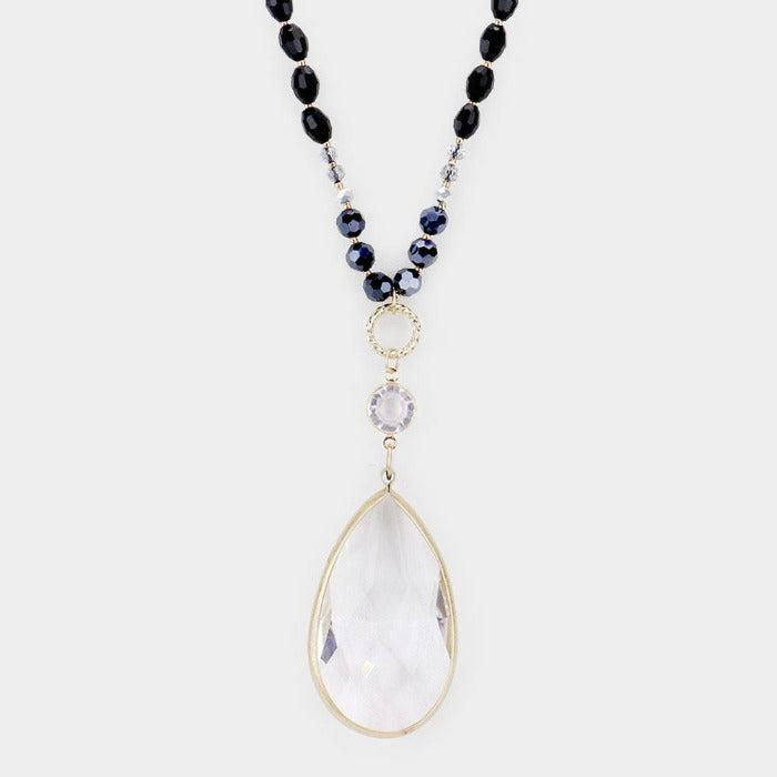 Multi Beaded Teardrop Black Stone Pendant Long Necklace