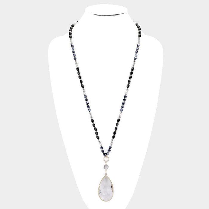 Multi Beaded Teardrop Black Stone Pendant Long Necklace