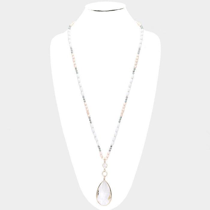 Multi Beaded Teardrop Gray Stone Pendant Long Necklace