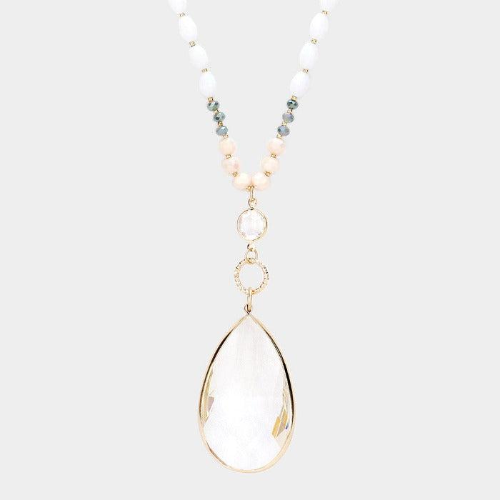Multi Beaded Teardrop Gray Stone Pendant Long Necklace