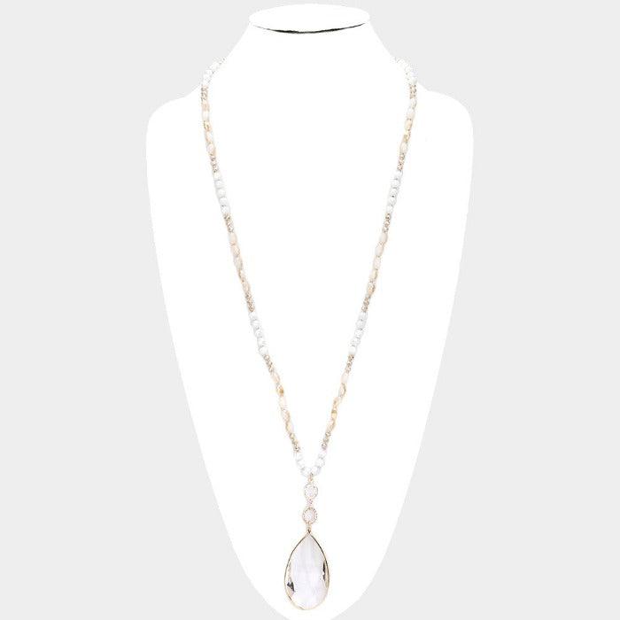 Multi Beaded Teardrop Lt Colored Topaz Stone Pendant Long Necklace