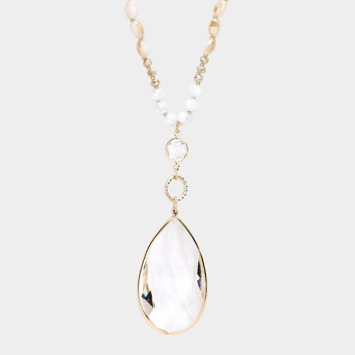 Multi Beaded Teardrop Lt Colored Topaz Stone Pendant Long Necklace