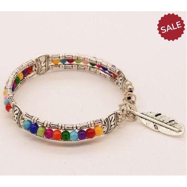 Multi Color Bead Bohemian Feather Silver Small Bracelet