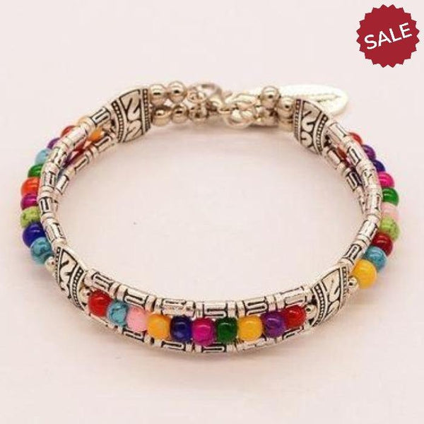 Multi Color Bead Bohemian Feather Silver Small Bracelet