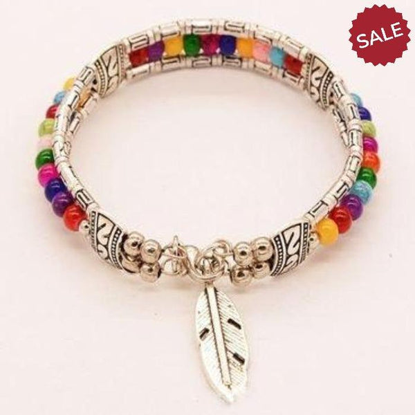 Multi Color Bead Bohemian Feather Silver Small Bracelet