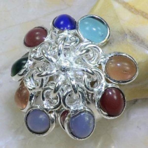 Multi-Color Gemstone Silver Plated Dangle Ring Size 8.5