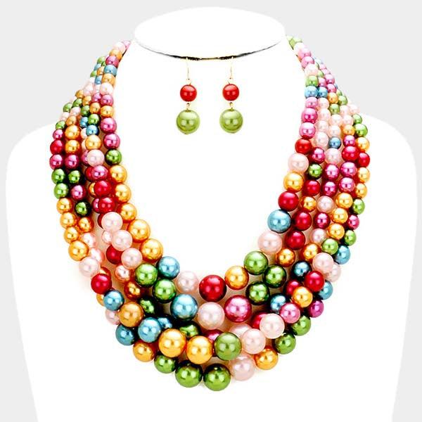  5 Strand Multi-Color Pearl (faux) Necklace & Earring Set by core