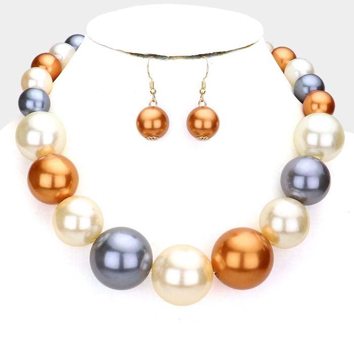 Multi Color Faux Pearl Necklace & Earring Set