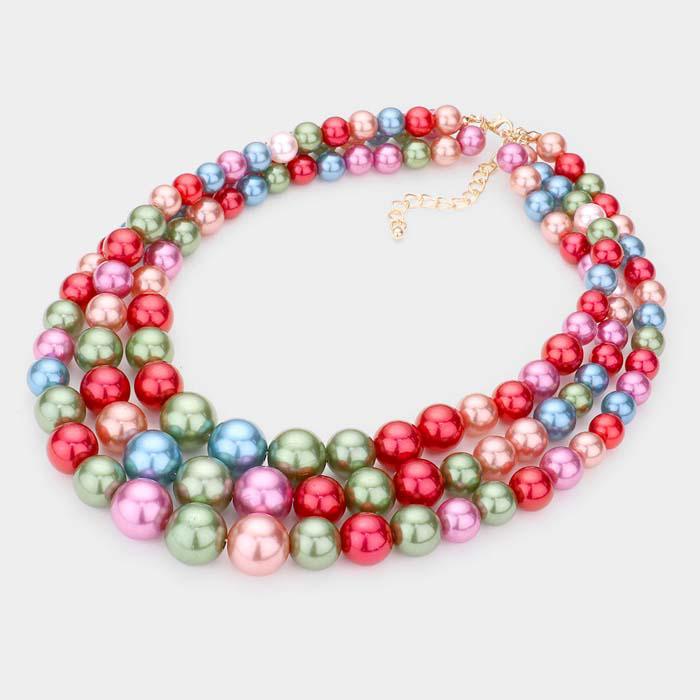 Multi Color Faux Pearl Triple Strand Necklace & Earring Set