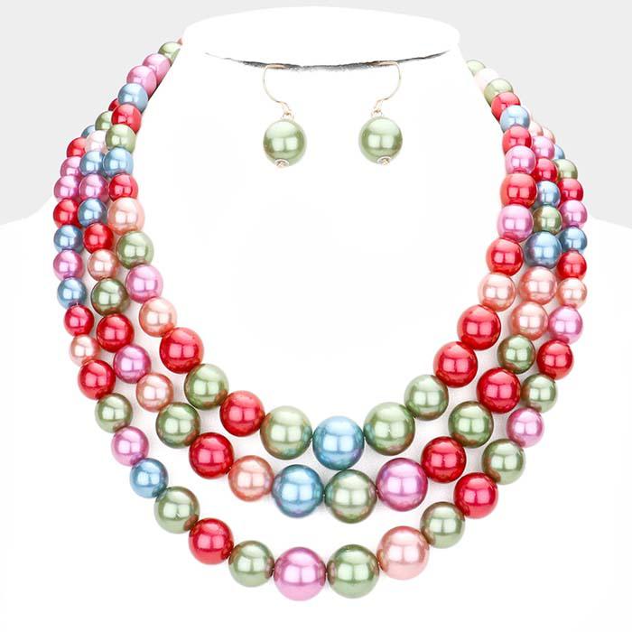 Multi Color Faux Pearl Triple Strand Necklace & Earring Set