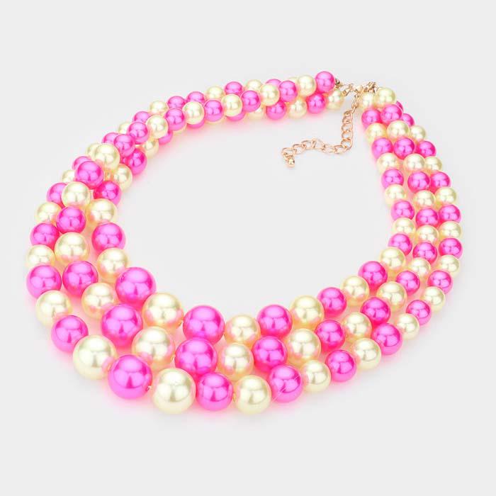 Multi Color Faux Pearl Triple Strand Necklace & Earring Set