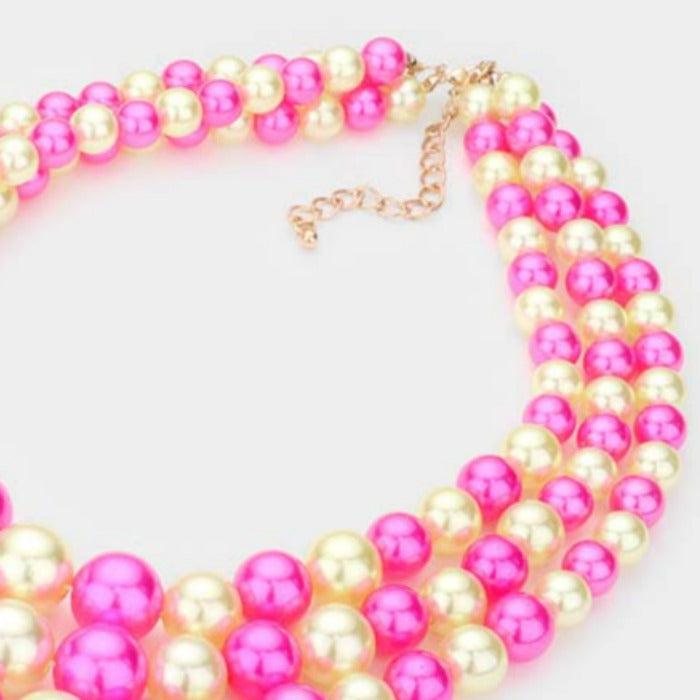 Multi Color Faux Pearl Triple Strand Necklace & Earring Set
