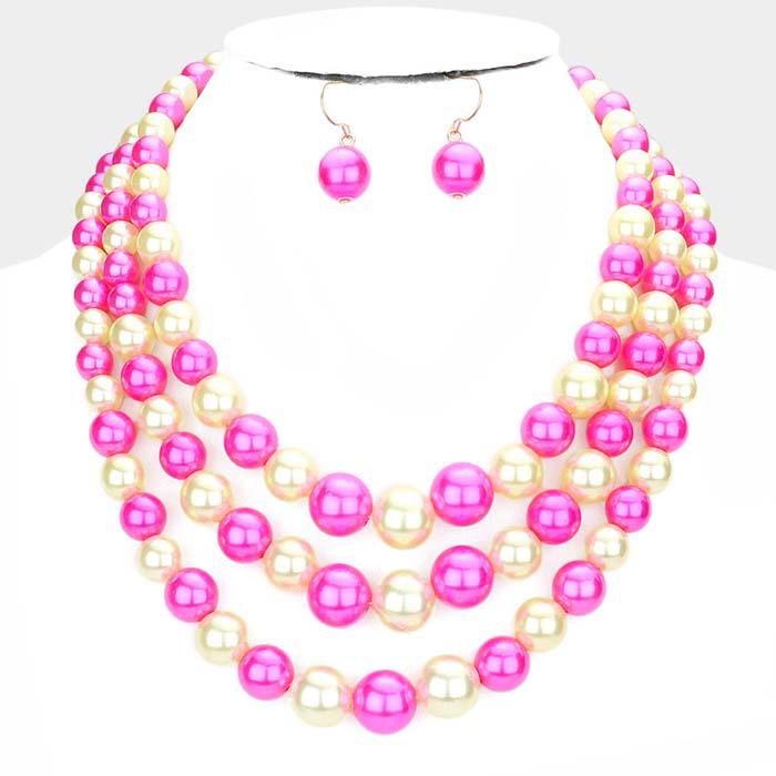 Multi Color Faux Pearl Triple Strand Necklace & Earring Set