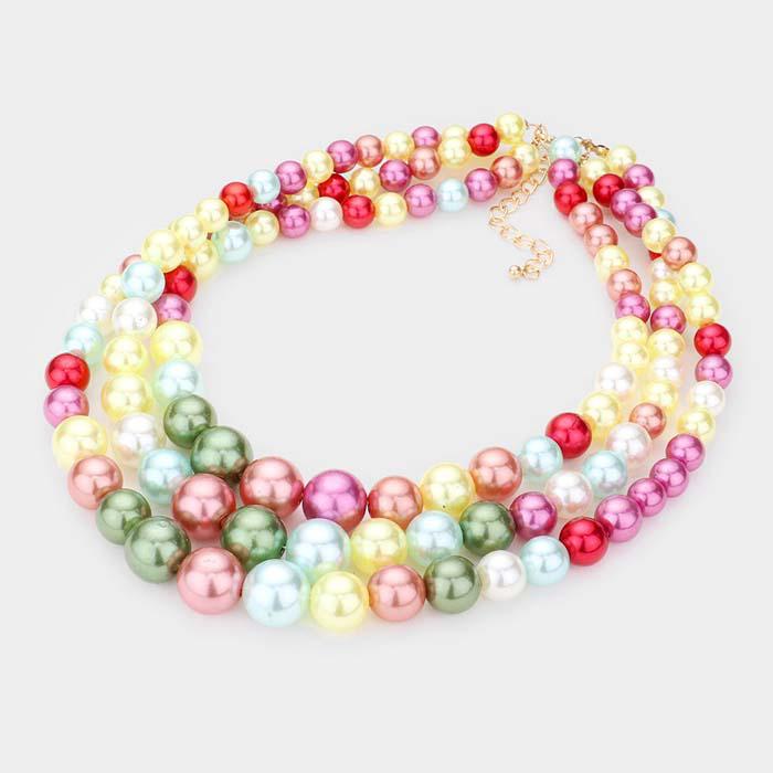 Multi Color Faux Pearl Triple Strand Necklace & Earring Set