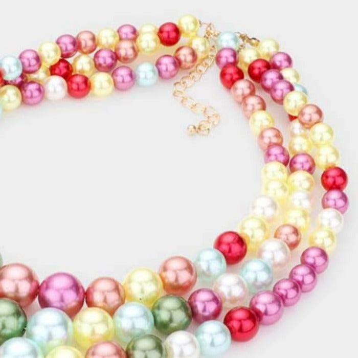 Multi Color Faux Pearl Triple Strand Necklace & Earring Set