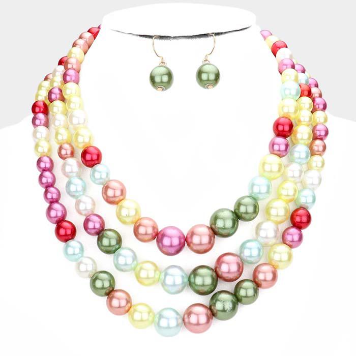 Multi Color Faux Pearl Triple Strand Necklace & Earring Set