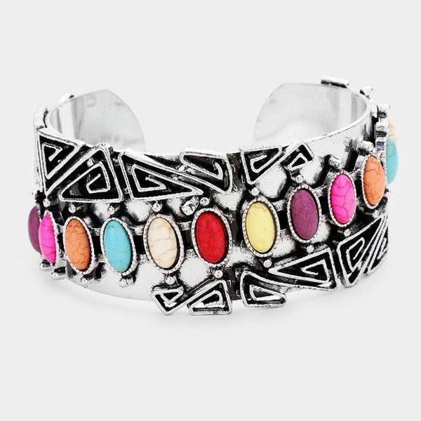 Multi-Colored Howlite Western Cuff Silver Bracelet