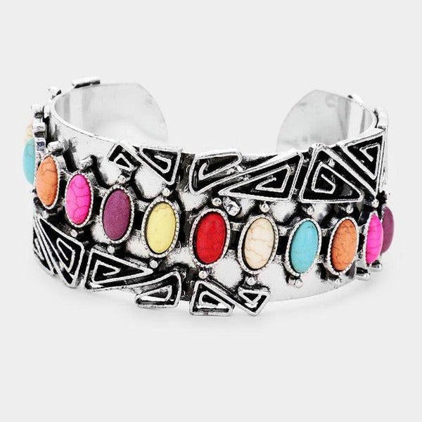 Multi-Colored Howlite Western Cuff Silver Bracelet
