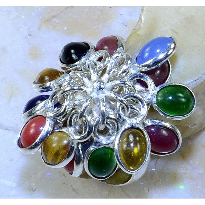 Multi-Colored Oval Gemstone Dangle Silver Plated Ring Size 7-Ring-SPARKLE ARMAND