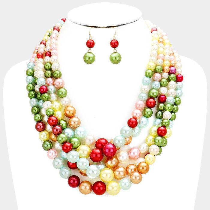  5 Strand Multi-Colored Pearl (faux) Necklace & Earring Set by core